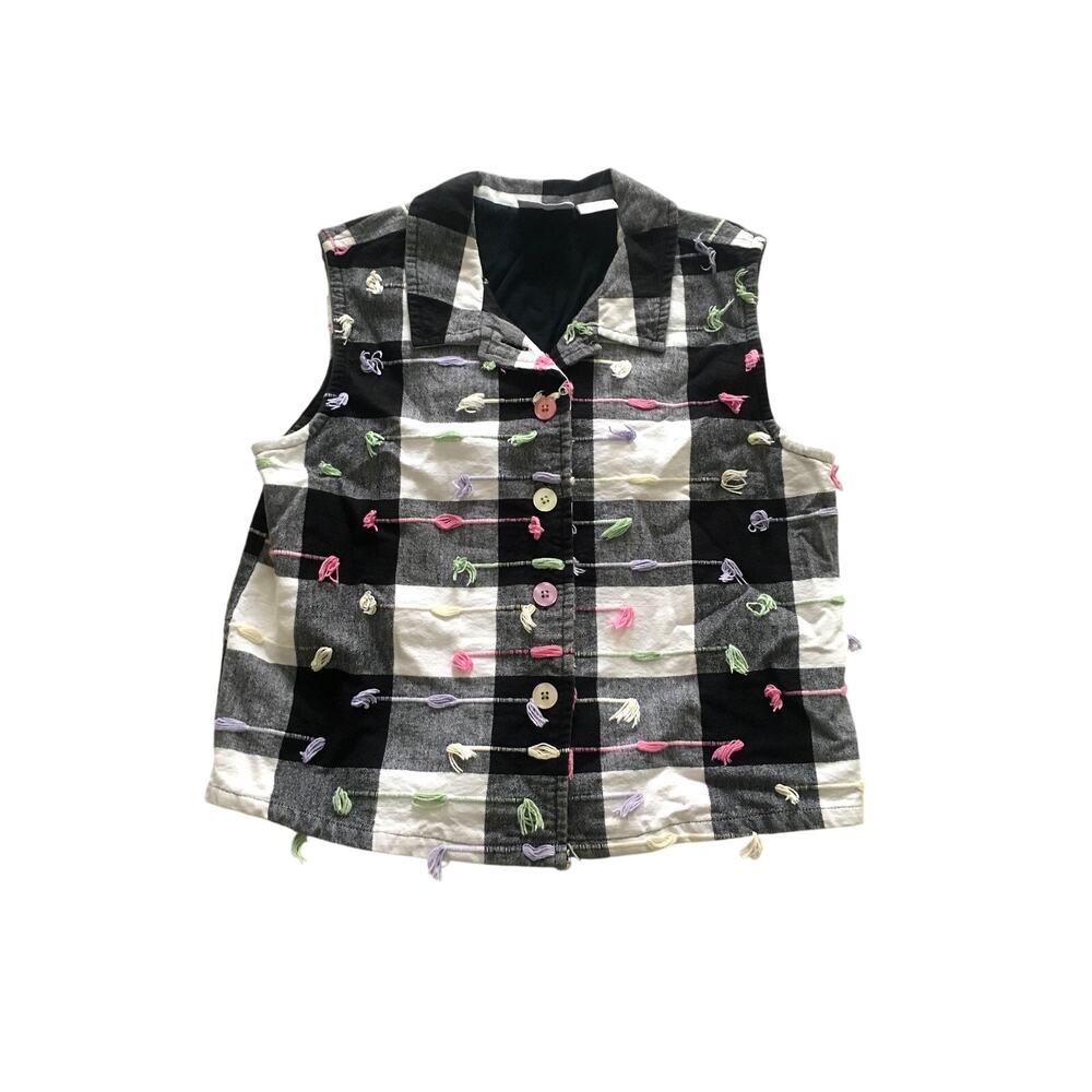 Gingham Vest Blaire Cotton Black White Size Medium Pink Green Tufts